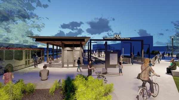 Rendering of the Warrensville - Van Aken Station, depicting a modernized transit hub with pedestrian-friendly infrastructure, a bus stop, and a rail platform.